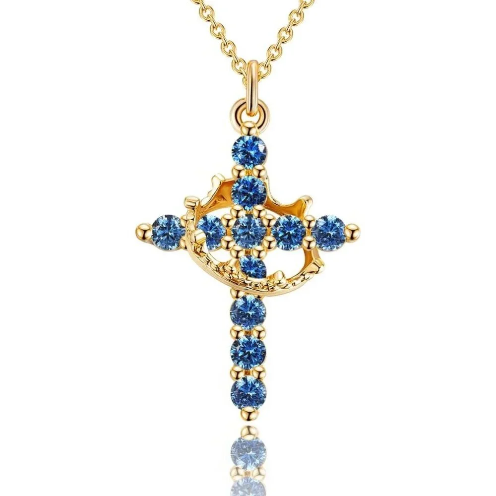 Women M09 Sapphire Blue, Sep 14K Gold Plated Crown Cross Necklace - Non-Tarnish - Picture 7 of 7